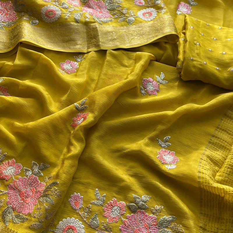 Pure Chinon Crepe Saree with Banarasi Weaving and Multi-Thread Embroidery