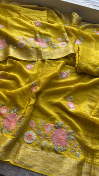 Pure Chinon Crepe Saree with Banarasi Weaving and Multi-Thread Embroidery
