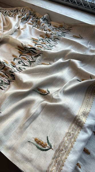 Pure Tussar Linen Silk Saree with Hand Knot & Katha Work