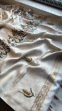 Pure Tussar Linen Silk Saree with Hand Knot & Katha Work