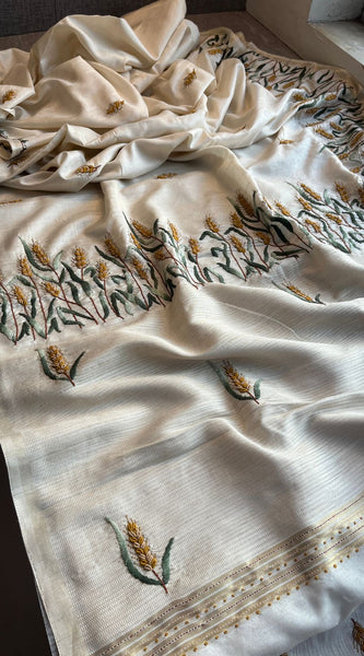 Pure Tussar Linen Silk Saree with Hand Knot & Katha Work