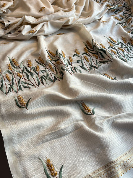 Pure Tussar Linen Silk Saree with Hand Knot & Katha Work