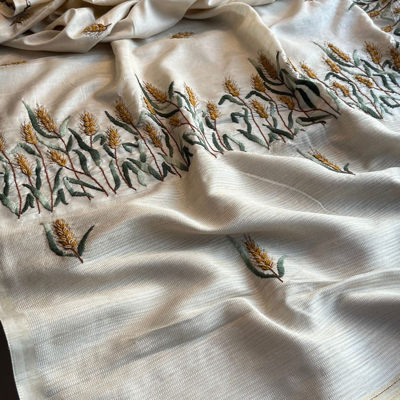 Pure Tussar Linen Silk Saree with Hand Knot & Katha Work