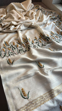 Pure Tussar Linen Silk Saree with Hand Knot & Katha Work