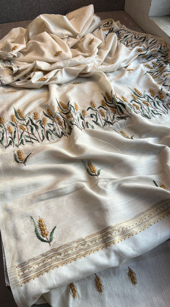 Pure Tussar Linen Silk Saree with Hand Knot & Katha Work