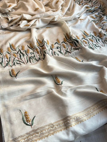 Pure Tussar Linen Silk Saree with Hand Knot & Katha Work