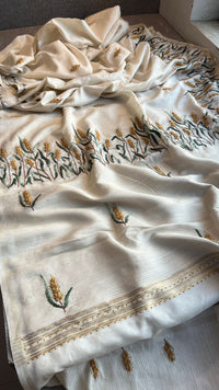 Pure Tussar Linen Silk Saree with Hand Knot & Katha Work