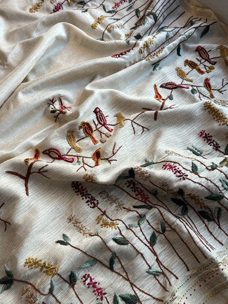 Pure Tussar Linen Silk Saree with Hand Knot & Katha Work