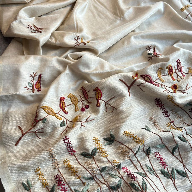 Pure Tussar Linen Silk Saree with Hand Knot & Katha Work