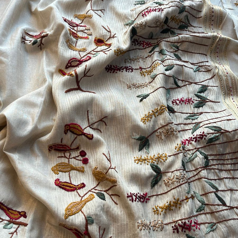 Pure Tussar Linen Silk Saree with Hand Knot & Katha Work