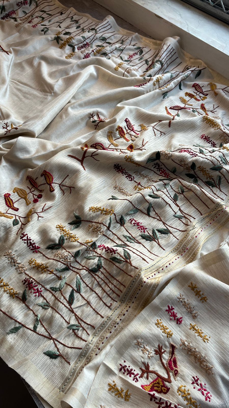 Pure Tussar Linen Silk Saree with Hand Knot & Katha Work
