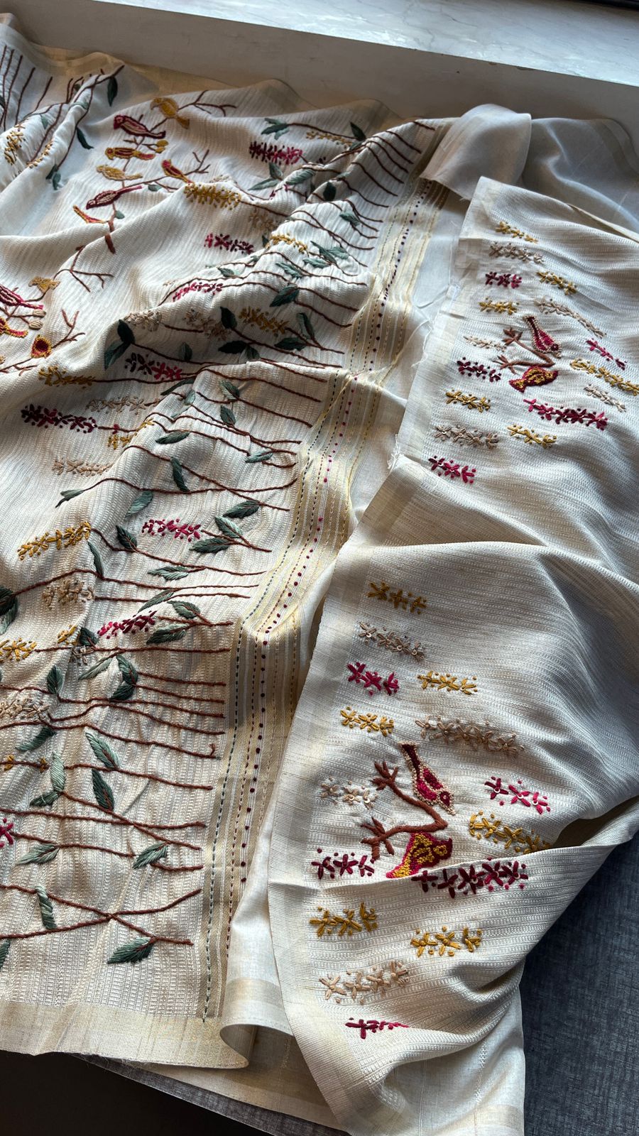 Pure Tussar Linen Silk Saree with Hand Knot & Katha Work