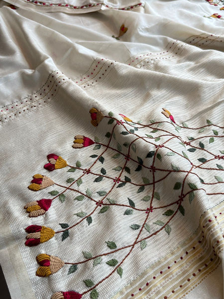 Pure Tussar Linen Silk Saree with Hand Knot & Katha Work