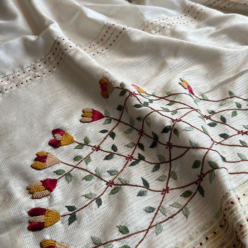 Pure Tussar Linen Silk Saree with Hand Knot & Katha Work