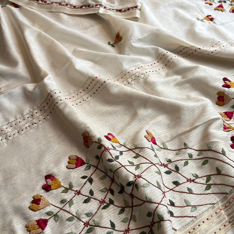 Pure Tussar Linen Silk Saree with Hand Knot & Katha Work