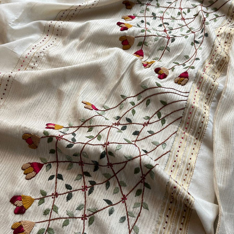 Pure Tussar Linen Silk Saree with Hand Knot & Katha Work