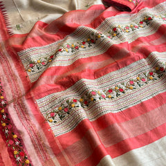 Pure Tussar Linen Silk Saree with Hand Knot & Katha Work