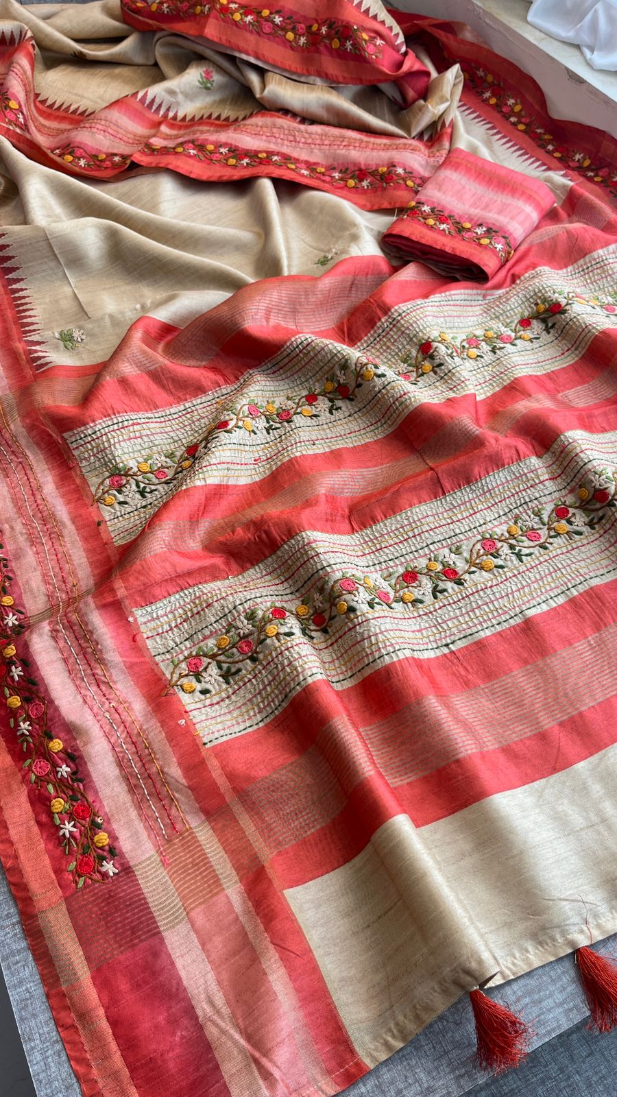 Pure Tussar Linen Silk Saree with Hand Knot & Katha Work
