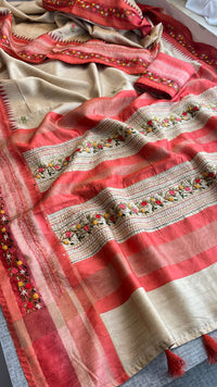 Pure Tussar Linen Silk Saree with Hand Knot & Katha Work