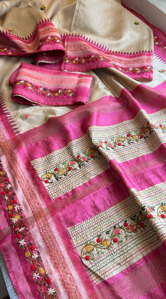 Pure Tussar Linen Silk Saree with Hand Knot & Katha Work