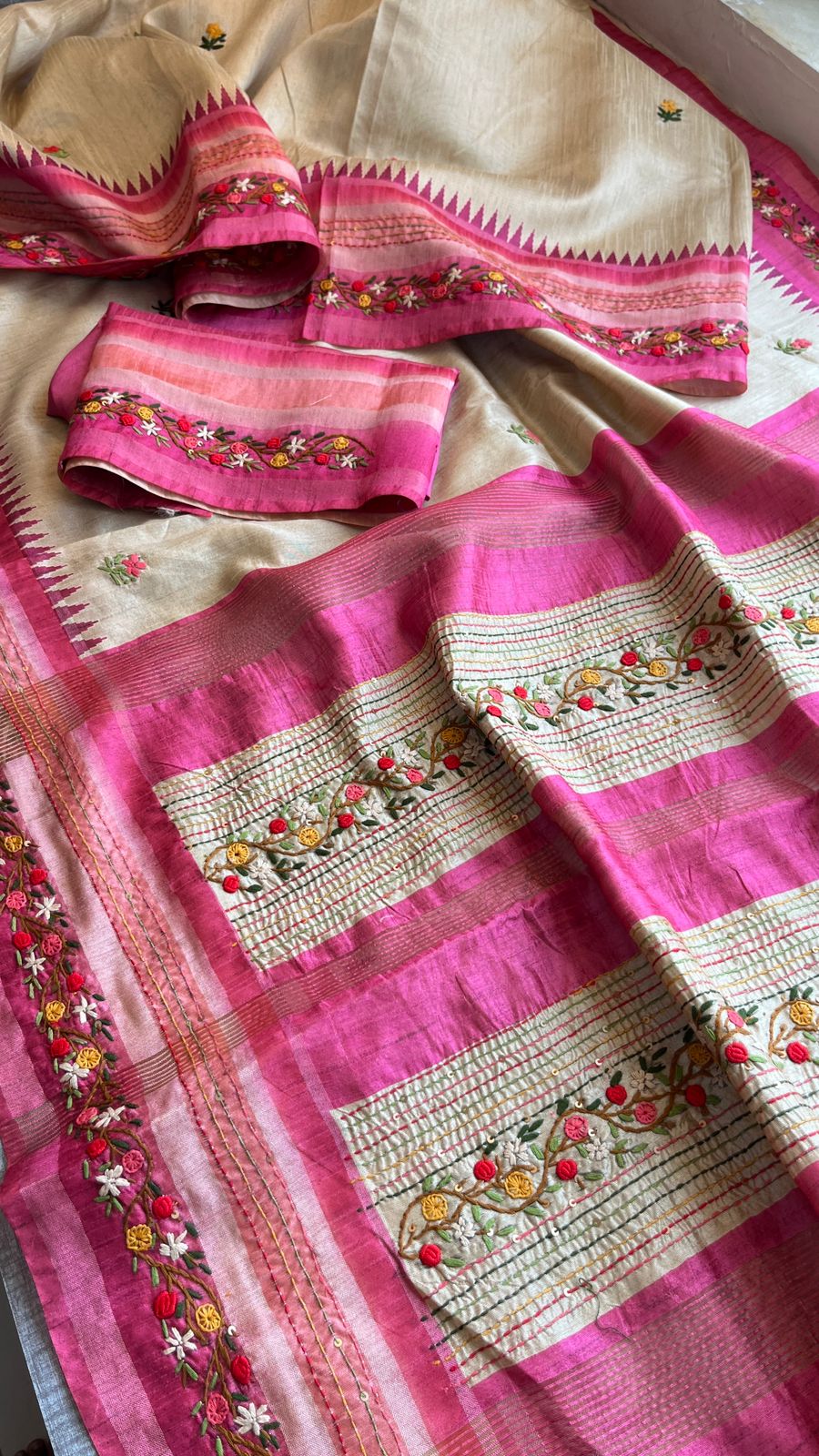 Pure Tussar Linen Silk Saree with Hand Knot & Katha Work