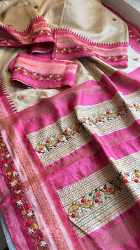 Pure Tussar Linen Silk Saree with Hand Knot & Katha Work