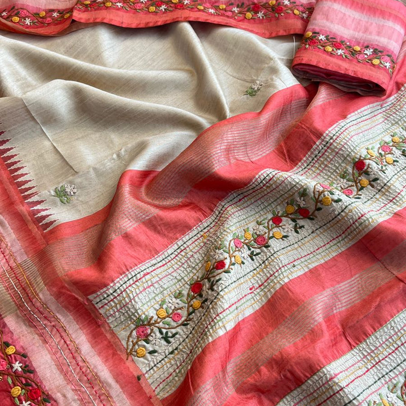 Pure Tussar Linen Silk Saree with Hand Knot & Katha Work