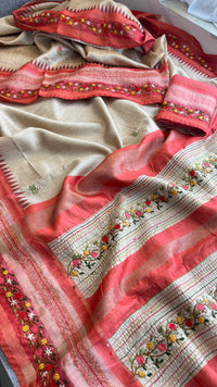 Pure Tussar Linen Silk Saree with Hand Knot & Katha Work