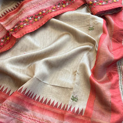 Pure Tussar Linen Silk Saree with Hand Knot & Katha Work