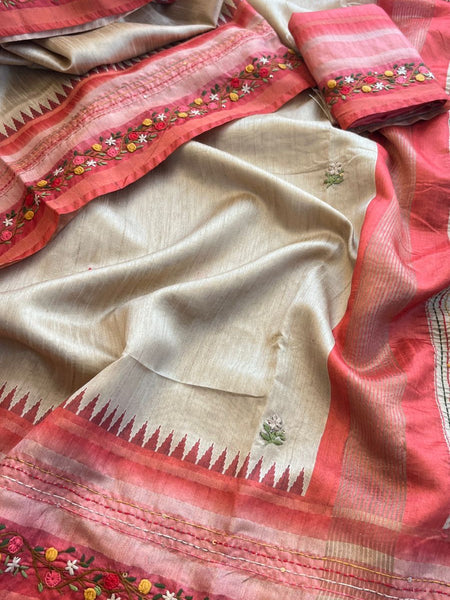 Pure Tussar Linen Silk Saree with Hand Knot & Katha Work