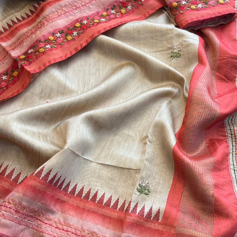 Pure Tussar Linen Silk Saree with Hand Knot & Katha Work