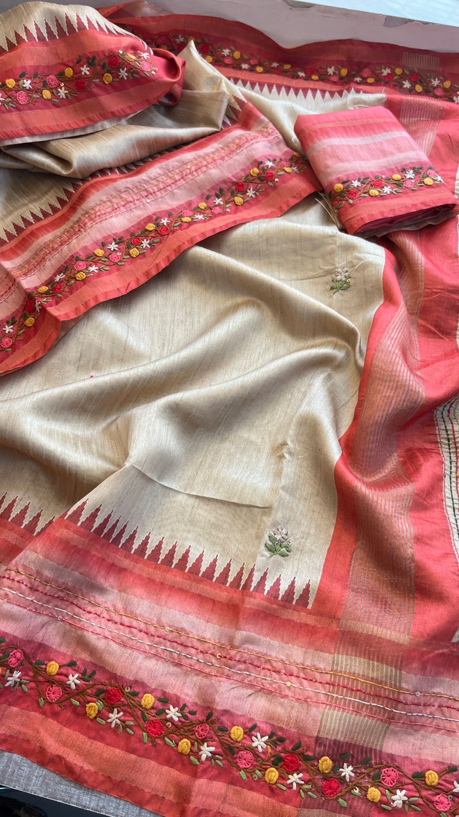 Pure Tussar Linen Silk Saree with Hand Knot & Katha Work