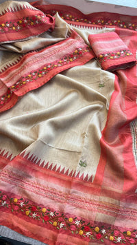 Pure Tussar Linen Silk Saree with Hand Knot & Katha Work