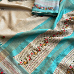 Pure Tussar Linen Silk Saree with Hand Knot & Katha Work