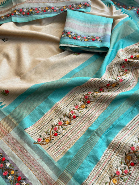 Pure Tussar Linen Silk Saree with Hand Knot & Katha Work
