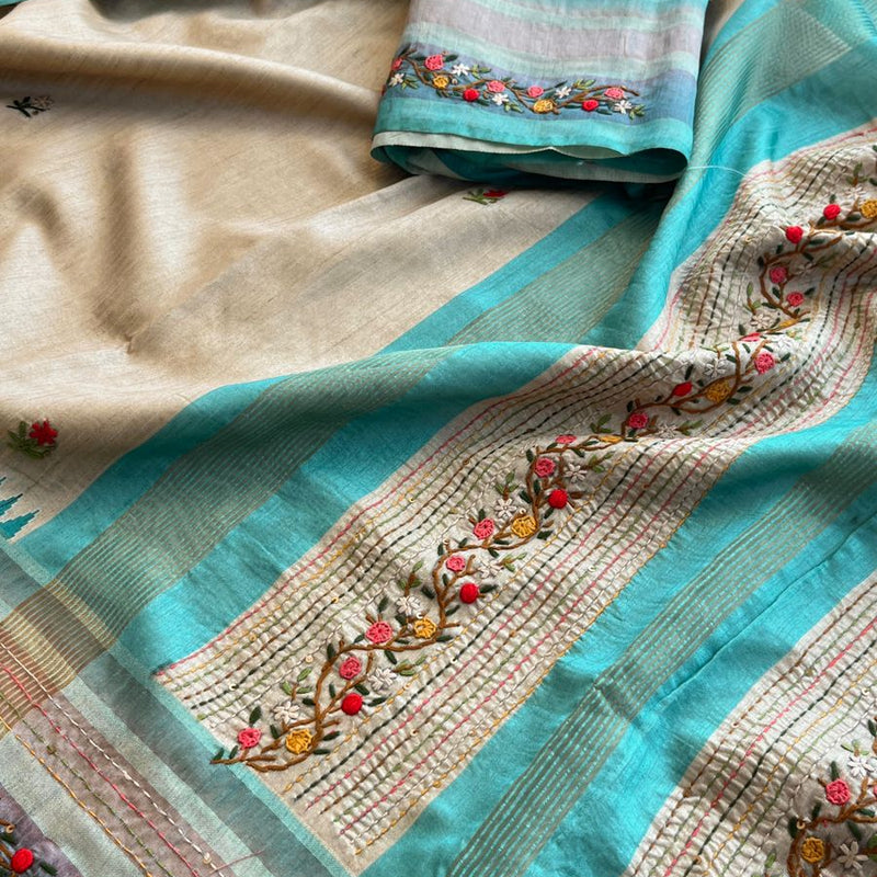 Pure Tussar Linen Silk Saree with Hand Knot & Katha Work