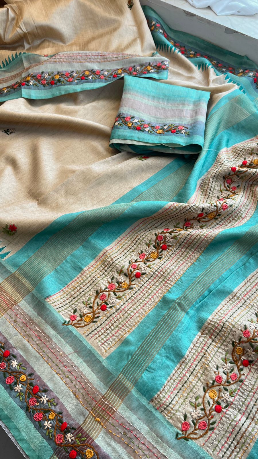 Pure Tussar Linen Silk Saree with Hand Knot & Katha Work