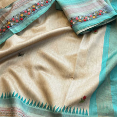 Pure Tussar Linen Silk Saree with Hand Knot & Katha Work