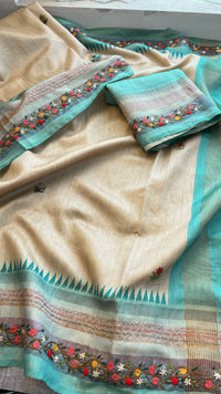 Pure Tussar Linen Silk Saree with Hand Knot & Katha Work