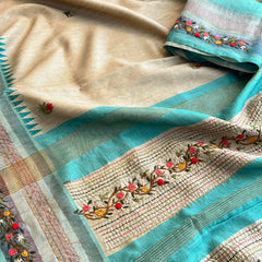 Pure Tussar Linen Silk Saree with Hand Knot & Katha Work