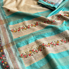 Pure Tussar Linen Silk Saree with Hand Knot & Katha Work