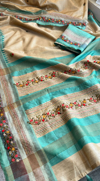 Pure Tussar Linen Silk Saree with Hand Knot & Katha Work