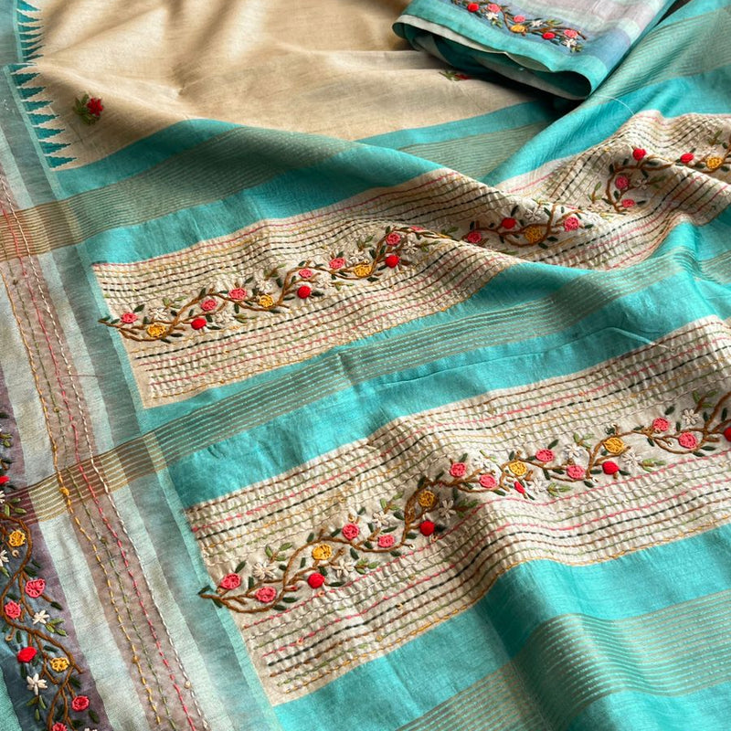 Pure Tussar Linen Silk Saree with Hand Knot & Katha Work