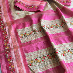 Pure Tussar Linen Silk Saree with Hand Knot & Katha Work