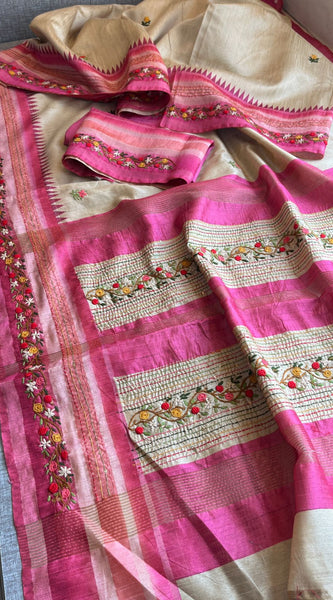 Pure Tussar Linen Silk Saree with Hand Knot & Katha Work