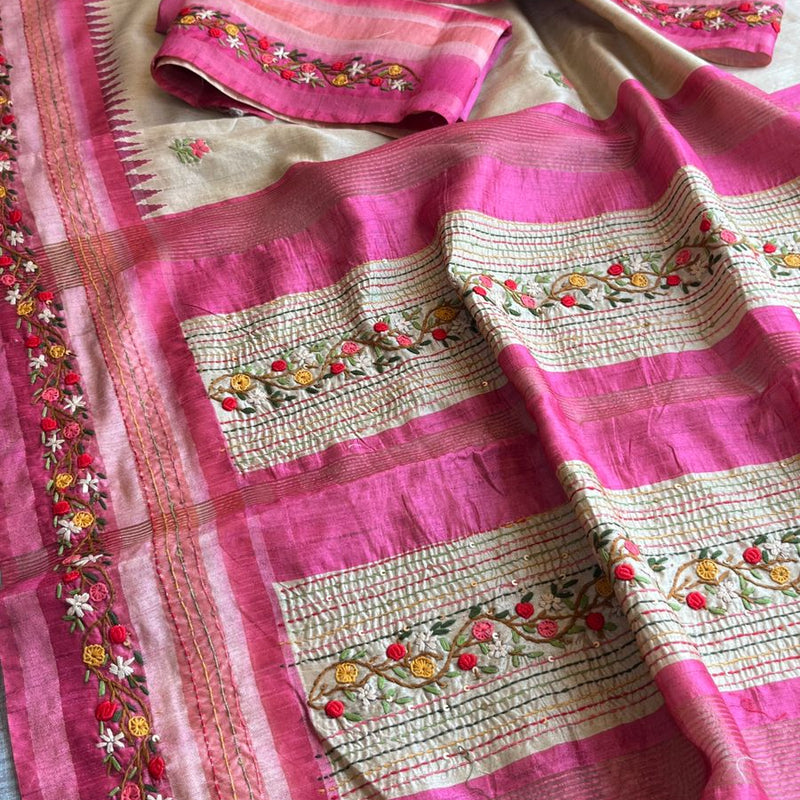 Pure Tussar Linen Silk Saree with Hand Knot & Katha Work