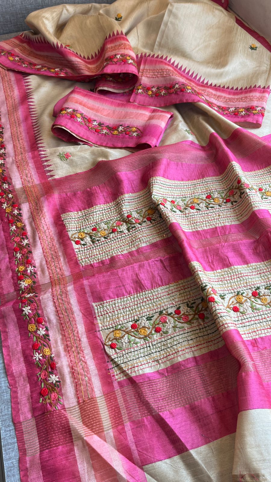 Pure Tussar Linen Silk Saree with Hand Knot & Katha Work