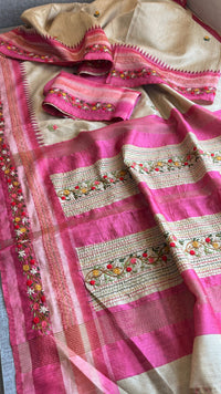 Pure Tussar Linen Silk Saree with Hand Knot & Katha Work
