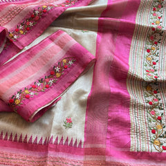 Pure Tussar Linen Silk Saree with Hand Knot & Katha Work