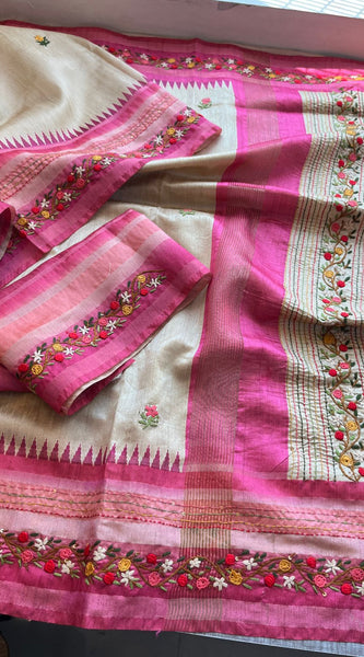 Pure Tussar Linen Silk Saree with Hand Knot & Katha Work